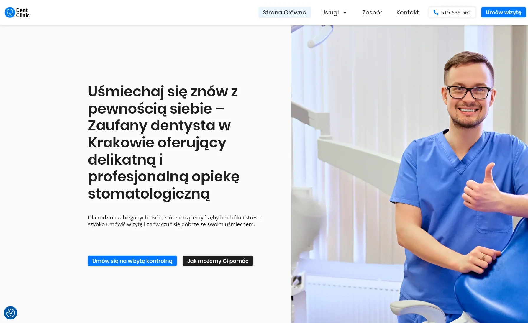 Zrzut ekranu strony internetowej gabinetu dentystycznego wykonanej w WordPress i Elementor Pro